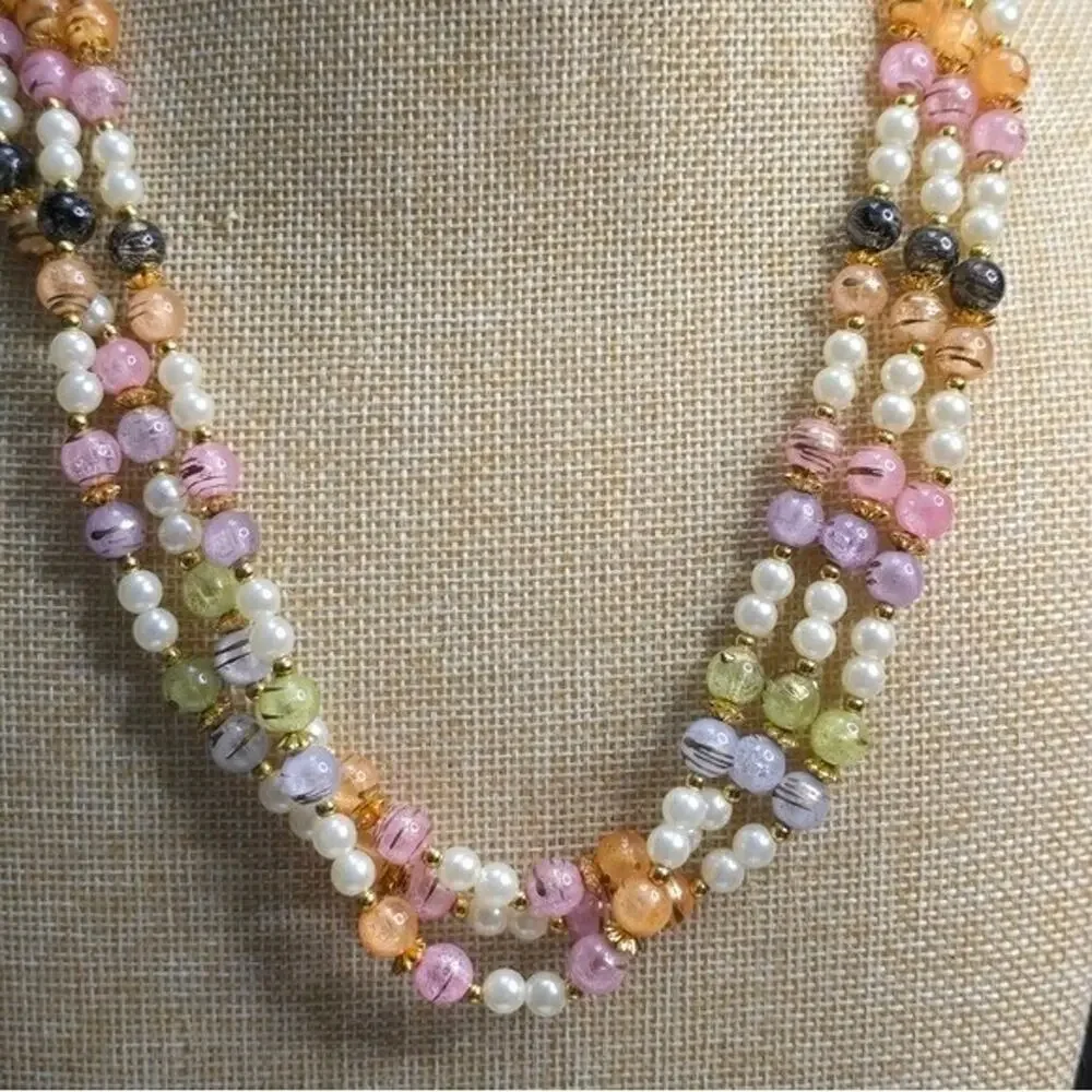 Treska Vintage Style Triple Strand Multicolor Faux Pearl Pastel Bead Necklace